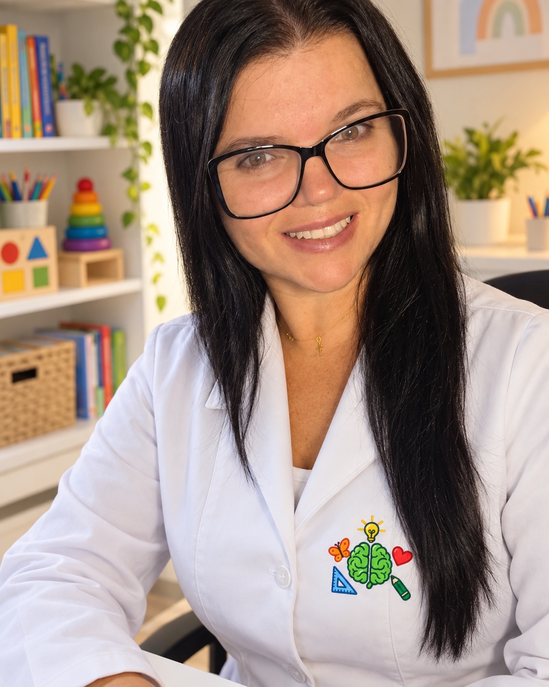 Cristiane de Andrade Rodrigues, psicopedagoga, usando um jaleco com a logo do Espaço Educative.